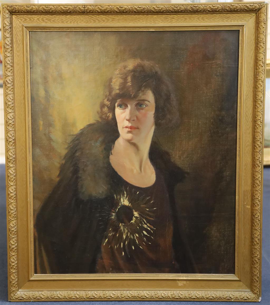 Attributed to Kenneth Center (1903-) Portrait of a Lady wearing a fur collared coat, resemblance to Georgette Heyer 29 x 24.25in.